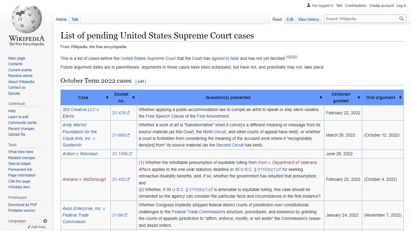 List of pending United States Supreme Court cases - Wikipedia